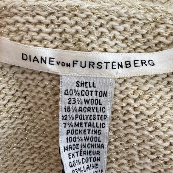 DIANE VON FURSTENBURG Fausta Drop Down Cardigan Sweater Ivory Gold Metallic Knit - Picture 8 of 10